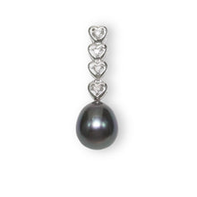 Load image into Gallery viewer, Black Pearl Pendant – 14k White Gold Diamond Hearts Design