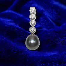 Load image into Gallery viewer, Black Pearl Pendant – 14k White Gold Diamond Hearts Design