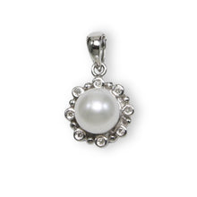 Load image into Gallery viewer, White Pearl Pendant – 14k White Gold with Diamond Halo