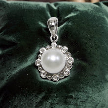 Load image into Gallery viewer, White Pearl Pendant – 14k White Gold with Diamond Halo