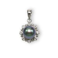 Load image into Gallery viewer, Black Pearl Pendant – 14k White Gold with Diamond Halo