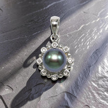 Load image into Gallery viewer, Black Pearl Pendant – 14k White Gold with Diamond Halo