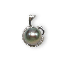 Load image into Gallery viewer, Black Pearl Diamond Halo Pendant – 14k White Gold Surround Setting