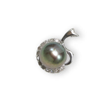 Load image into Gallery viewer, Black Pearl Diamond Halo Pendant – 14k White Gold Surround Setting