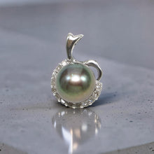 Load image into Gallery viewer, Black Pearl Diamond Halo Pendant – 14k White Gold Surround Setting