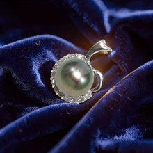 Load image into Gallery viewer, Black Pearl Diamond Halo Pendant – 14k White Gold Surround Setting
