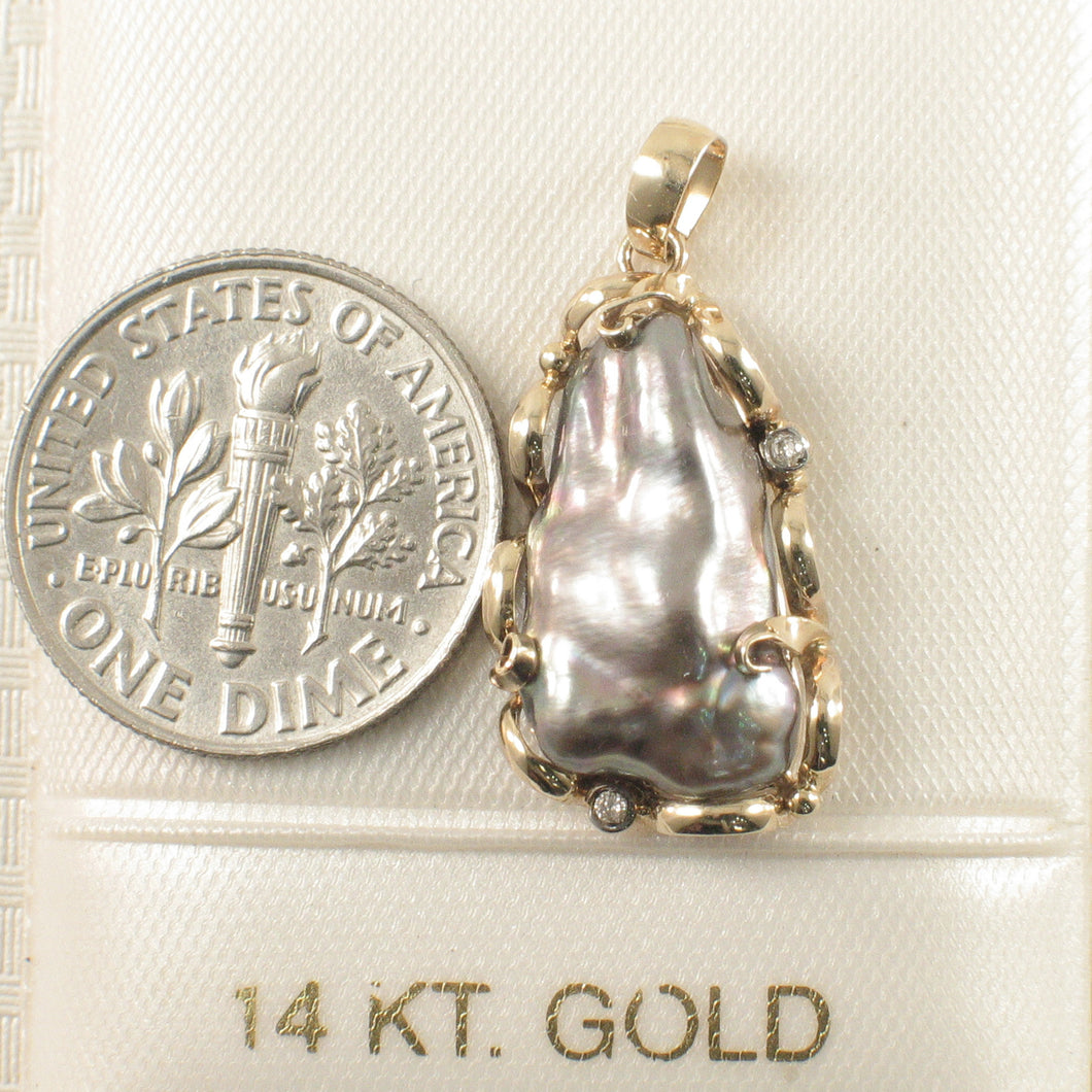 Black Biwa Pearl Pendant – 14k Yellow Gold + Diamond