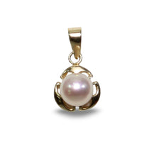 Load image into Gallery viewer, Pink Pearl Pendant – 14k Yellow Gold Three Leaf Design