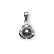 Load image into Gallery viewer, Black Pearl Leaf Pendant – 14k White Gold Three-Leaf Design