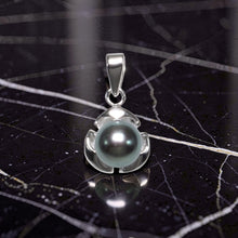 Load image into Gallery viewer, Black Pearl Leaf Pendant – 14k White Gold Three-Leaf Design