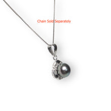 Load image into Gallery viewer, Black Pearl Leaf Pendant – 14k White Gold Three-Leaf Design