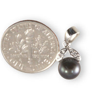 Load image into Gallery viewer, Black Pearl &amp; Diamond Pendant – 14k White Gold Twin-Leaf Bale