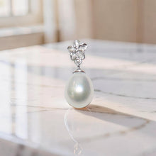 Load image into Gallery viewer, White Pearl Plumeria Pendant – 14k White Gold Raindrop Design