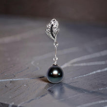 Load image into Gallery viewer, Black Pearl Leaf Bail Pendant – 14k White Gold with Diamonds