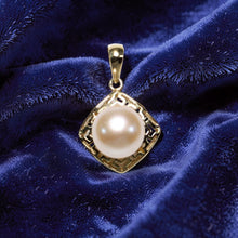 Load image into Gallery viewer, Greek Key Pink Pearl Pendant – 14k Yellow Gold