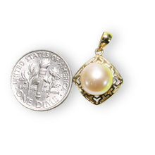 Load image into Gallery viewer, Greek Key Pink Pearl Pendant – 14k Yellow Gold