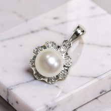 Load image into Gallery viewer, White Cultured Pearl Pendant – 14k White Gold with Diamond Halo
