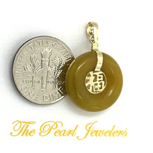 Load image into Gallery viewer, 14kt Yellow Gold Mini Donut Honey Jade Luck “Fu” Pendant Necklace