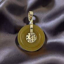 Load image into Gallery viewer, 14kt Yellow Gold Mini Donut Honey Jade Luck “Fu” Pendant Necklace