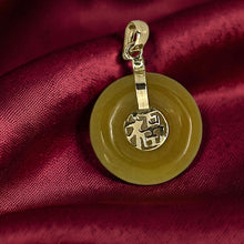 Load image into Gallery viewer, 14kt Yellow Gold Mini Donut Honey Jade Luck “Fu” Pendant Necklace