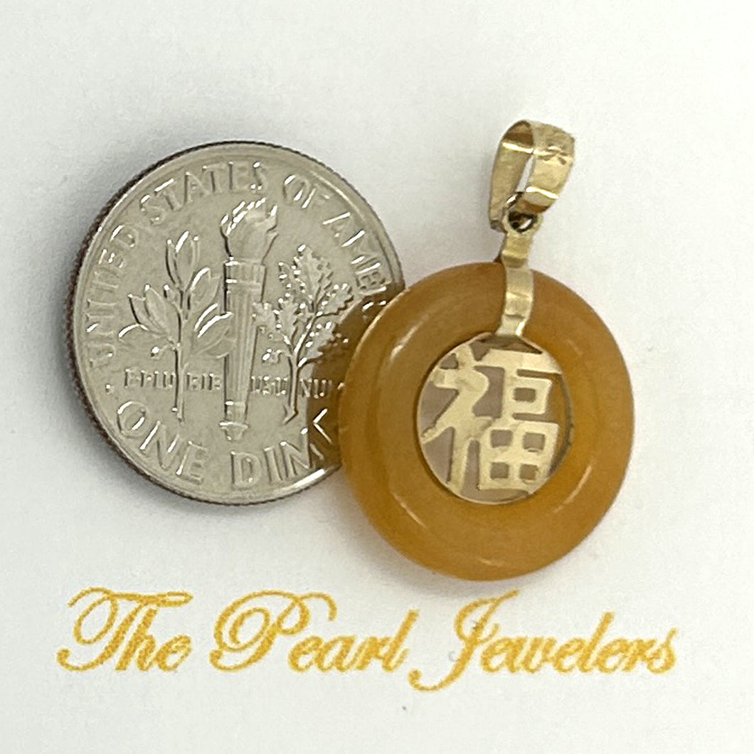 14kt Solid Yellow Gold Blessing Donut Yellow Jade Pendant Necklace