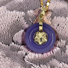 Load image into Gallery viewer, 14kt Solid Yellow Gold Hawaiian Plumeria Design Purple Jade Pendant Necklace