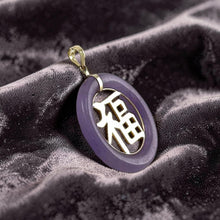 Load image into Gallery viewer, 14kt Solid Yellow Gold Lavender Jade 30mm Good Luck Pendant Necklace