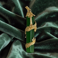 Load image into Gallery viewer, 14k Solid Yellow Gold Dragon Totem Column Green Jade Pendant Necklace