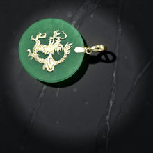 Load image into Gallery viewer, 14K Solid Yellow Gold Green Jade Dragon Disc Pendant