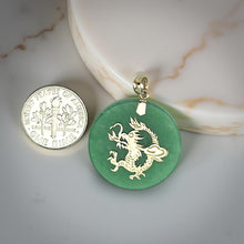 Load image into Gallery viewer, 14K Solid Yellow Gold Green Jade Dragon Disc Pendant