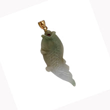Load image into Gallery viewer, 14k Solid Yellow Gold Hand-Carved Carp Celadon-Green Jadeite Pendant