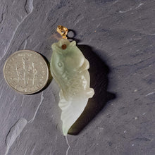 Load image into Gallery viewer, 14k Solid Yellow Gold Hand-Carved Carp Celadon-Green Jadeite Pendant
