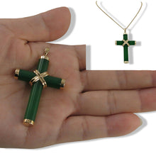 Load image into Gallery viewer, 14k Solid Yellow Gold Hand 7 mm Column Green Jade Christian Cross Pendant