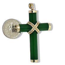 Load image into Gallery viewer, 14k Solid Yellow Gold Hand 7 mm Column Green Jade Christian Cross Pendant