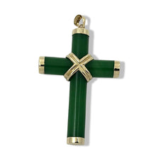 Load image into Gallery viewer, 14k Solid Yellow Gold Hand 7 mm Column Green Jade Christian Cross Pendant
