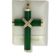 Load image into Gallery viewer, 14k Solid Yellow Gold Hand 7 mm Column Green Jade Christian Cross Pendant
