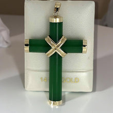 Load image into Gallery viewer, 14k Solid Yellow Gold Hand 7 mm Column Green Jade Christian Cross Pendant