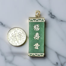 Load image into Gallery viewer, Green Jade 14K Yellow Gold Triple Lucky Pendant