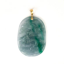 Load image into Gallery viewer, Hand Carved Dragon &amp; Phoenix Apple Green Jade 14k Yellow Gold Bale Pendant