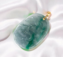 Load image into Gallery viewer, Hand Carved Dragon &amp; Phoenix Apple Green Jade 14k Yellow Gold Bale Pendant