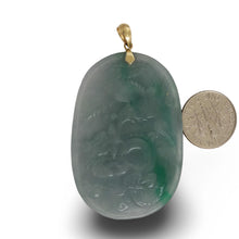 Load image into Gallery viewer, Hand Carved Dragon &amp; Phoenix Apple Green Jade 14k Yellow Gold Bale Pendant
