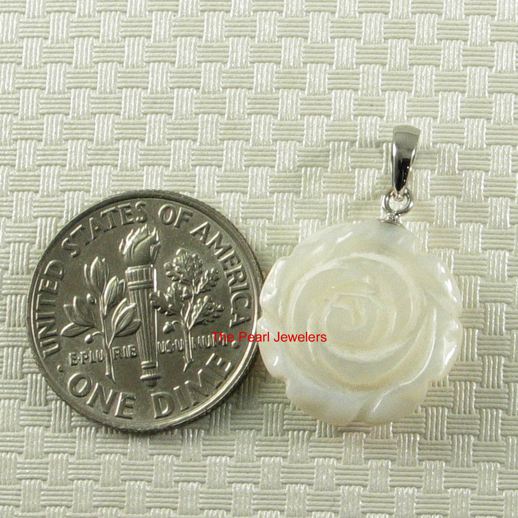 14k White Solid Gold Hand Carved Rose Genuine White Mother of Pearl Pendant