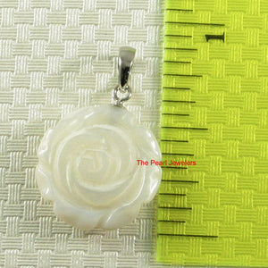 14k White Solid Gold Hand Carved Rose Genuine White Mother of Pearl Pendant