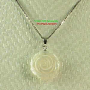 14k White Solid Gold Hand Carved Rose Genuine White Mother of Pearl Pendant