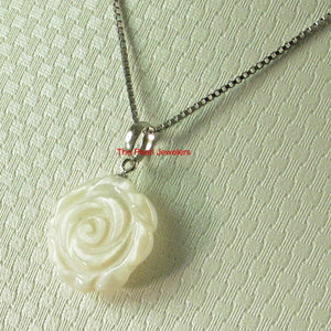 14k White Solid Gold Hand Carved Rose Genuine White Mother of Pearl Pendant