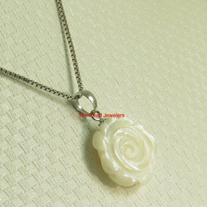 14k White Solid Gold Hand Carved Rose Genuine White Mother of Pearl Pendant