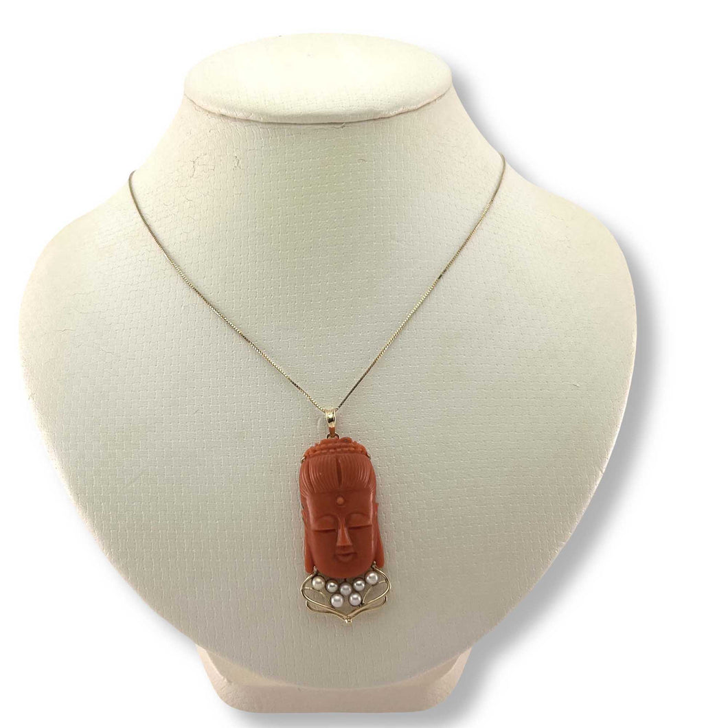 14K Yellow Gold Red Coral Kuan Yin Pendant with Pearls