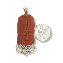 Load image into Gallery viewer, 14K Yellow Gold Red Coral Kuan Yin Pendant with Pearls