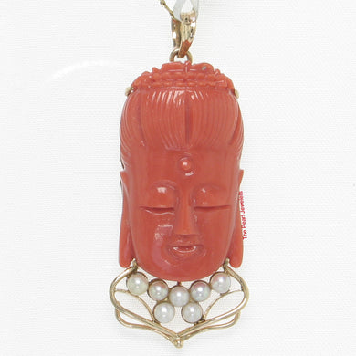 14K Yellow Gold Red Coral Kuan Yin Pendant with Pearls
