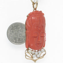 Load image into Gallery viewer, 14K Yellow Gold Red Coral Kuan Yin Pendant with Pearls
